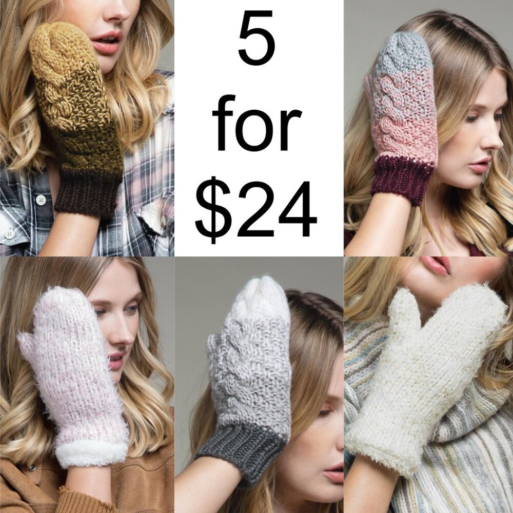 5 Pairs of Women's Knit Mittens w Warm & Comfy Faux Fur Lining for $24